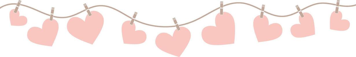 Hearts on a wire, cute valentine day decoration, vector clip art illustration, pastel pink heart elements, isolated