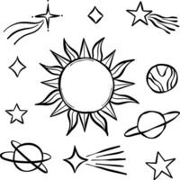 Hand drawn celestial clip art vector illustration elements, sun shooting stars and planets, isolated collection