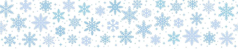 Vector snowflake border seamless repeat pattern, winter background banner, holiday greeting concept design, isolated scattered snow confetti