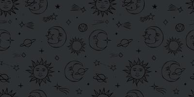 Dark grey celestial background with sun and moon illustrations, hand drawn magical seamless repeat pattern with stars vector