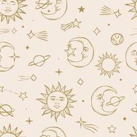 Celestial mystic esoteric repeat pattern with sun and moon elements, seamless repeating background design vector