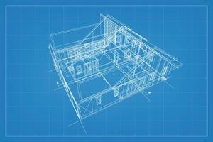 3D render of building wireframe structure. Perspective wireframe of house exterior. Abstract construction graphic idea. Vector. vector