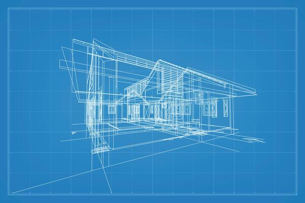 3D render of building wireframe structure. Perspective wireframe of house exterior. Abstract construction graphic idea. Vector.