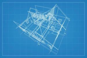 3D render of building wireframe structure. Perspective wireframe of house exterior. Abstract construction graphic idea. Vector. vector