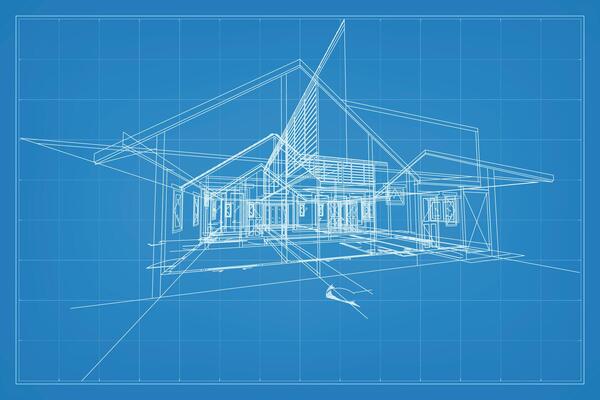 3D render of building wireframe structure. Perspective wireframe of house exterior. Abstract construction graphic idea. Vector.