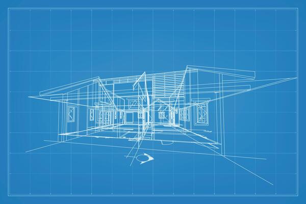 3D render of building wireframe structure. Perspective wireframe of house exterior. Abstract construction graphic idea. Vector.