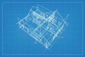 3D render of building wireframe structure. Perspective wireframe of house exterior. Abstract construction graphic idea. Vector. vector