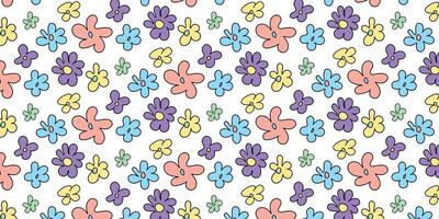Trendy floral seamless pattern illustration. Vintage 70s style hippie flower background design. Colorful pastel color groovy artwork, y2k nature backdrop with daisy flowers. vector