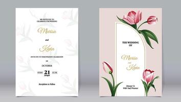 elegante lujo invitación y tulipanes flores en transparente antecedentes vector