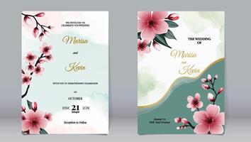 Elegant wedding invitation cherry blossoms and gold elements on watercolor background vector