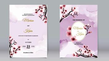 Luxury wedding invitation cherry blossom decoration and golden oval line elements on pink watercolor background vector