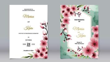 Luxury wedding invitation cherry blossom decoration and gold polygons on watercolor vector