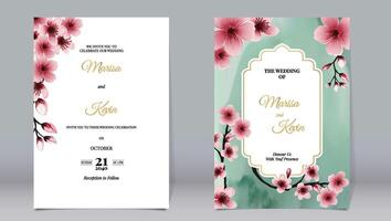 Elegant wedding invitation cherry blossom decoration and engraved gold lines on watercolor background vector