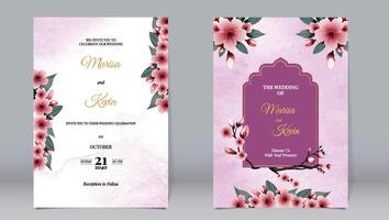 Luxury wedding invitation cherry blossoms and leaves gold carved elements on watercolor background vector