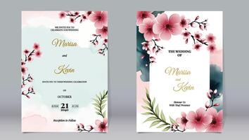 Luxury wedding invitation cherry blossoms on watercolor background vector