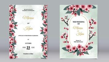 Luxury wedding invitation cherry blossoms and leaves golden oval elements on watercolor background vector