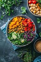 AI generated Dishes of a vegan or vegetarian restaurant with a view from above, an assortment of dishes of traditional Indian cuisine on a blue background photo