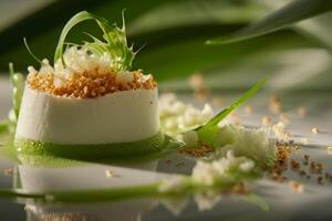 ai generado oveja yogur y pandan esponja pastel mousse con caramelizado salado arroz foto