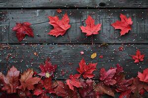 ai generado otoño rojo hojas en un azul de madera antecedentes foto