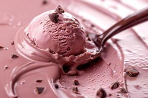 AI generated Balls of pink ice cream covered with chocolate. Strawberry flavor photo