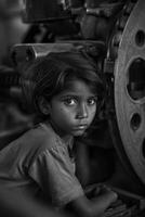 AI generated Portrait of an Asian girl at work. Child labor. Black and white photo