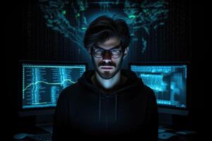 ai generado un retrato de un programador o descifrador programación en un computadora cheques el programa código. hacker foto