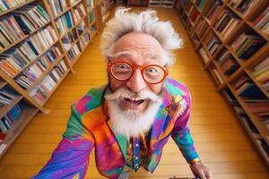 ai generado retrato de un alegre, contento mayor hombre en de colores ropa y lentes en el biblioteca foto
