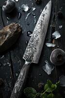 AI generated Knives made of Damascus steel on a wooden board photo