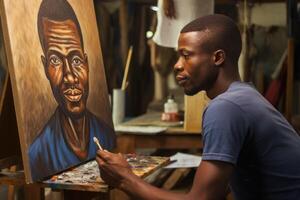 AI generated An African male artist at work, painting on canvas on a city street photo