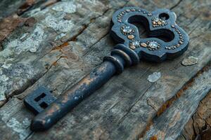 AI generated An old designer key with a lock decoration lies on a wooden background photo