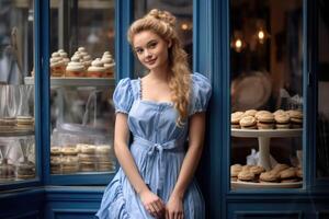 ai generado romántico rubia niña en un azul vestir en el antecedentes de un panadería café foto