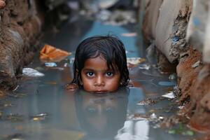 ai generado pobre indio niños bañarse en el aguas residuales agua desagüe en el pueblo foto