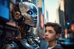 ai generado un chico y un robot en un ciudad calle. cyborgs adolescente caminando alrededor el ciudad foto