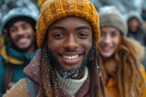 ai generado un reutilizable joven grupo de contento personas toma un selfie foto en un cámara fuera de