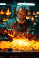 AI generated A man is a glassblower working in a glass factory where products are created manually photo