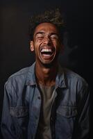 ai generado retrato de un alegre africano en de cerca en un negro antecedentes en el estudio foto