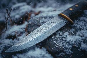 AI generated One Stylish Damascus steel kitchen knife on a wooden board photo