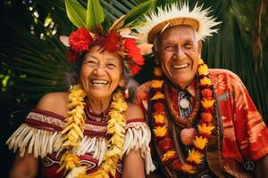 AI generated Portrait of a happy elderly couple on vacation in national costumes. Journey photo