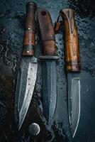 AI generated Black Damascus steel Knives on a wooden board in the rain photo