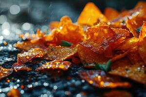 AI generated Fresh potato chips scattered on the table. A delicious snack photo