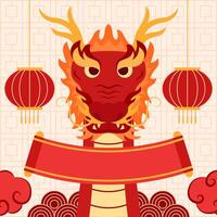 New Year 2024, the Year of the Dragon, is a design asset suitable for greeting cards, banners, and vector illustrations. It features lanterns, ornaments, and clouds using red colors