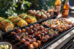 ai generado el comida es cocido en el parilla. parilla, maíz cocido en el mesa. un picnic en el patio interior durante un familia fiesta foto