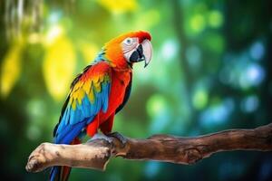 AI generated A scarlet macaw sitting on a branch. a representative of a large group of neotropical parrots called macaws photo