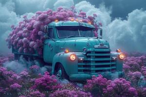 AI generated An old truck in a flower bed. Decor photo