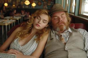 AI generated A well-fed man and a girl are watching relaxing in a cafe sitting on the couch. Retro cafe. Cinematic photography photo