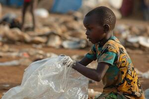 AI generated Tired little African boy collects garbage on the street photo