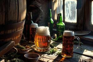AI generated Several glasses of beer are on the wooden windowsill near the window photo