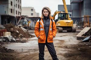 ai generado un mujer ingeniero, constructor o arquitecto en un casco en contra el antecedentes de un construcción sitio foto