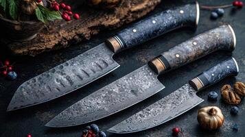 ai generado cuchillos hecho de Damasco acero en un de madera tablero foto