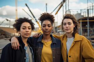 AI generated Portrait of three girlfriends of young engineers or technicians standing against the background of a construction site photo